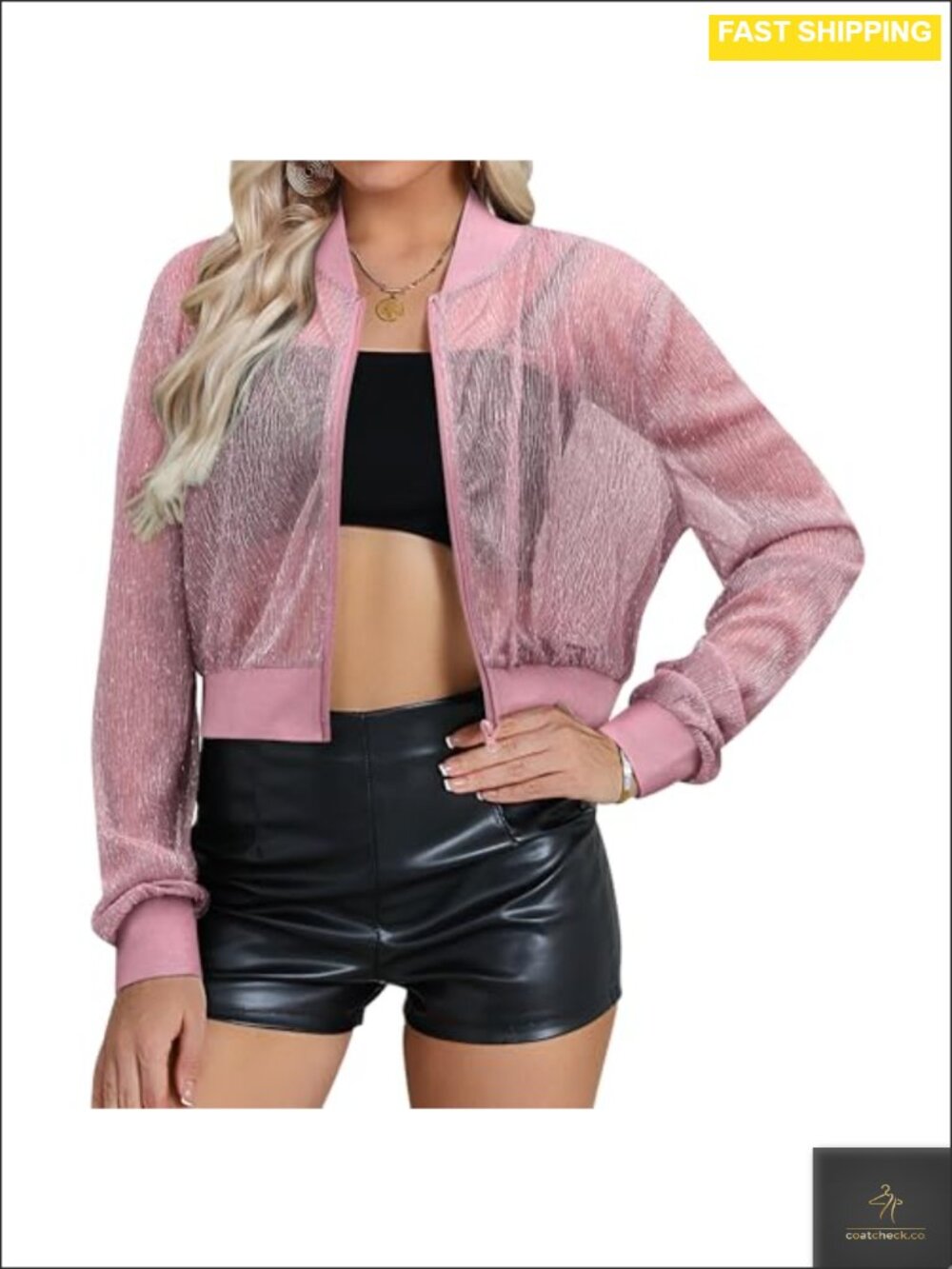 Sheer Mesh Sparkly Crop Jacket Lightweight Zip-Up Party Concert Rave